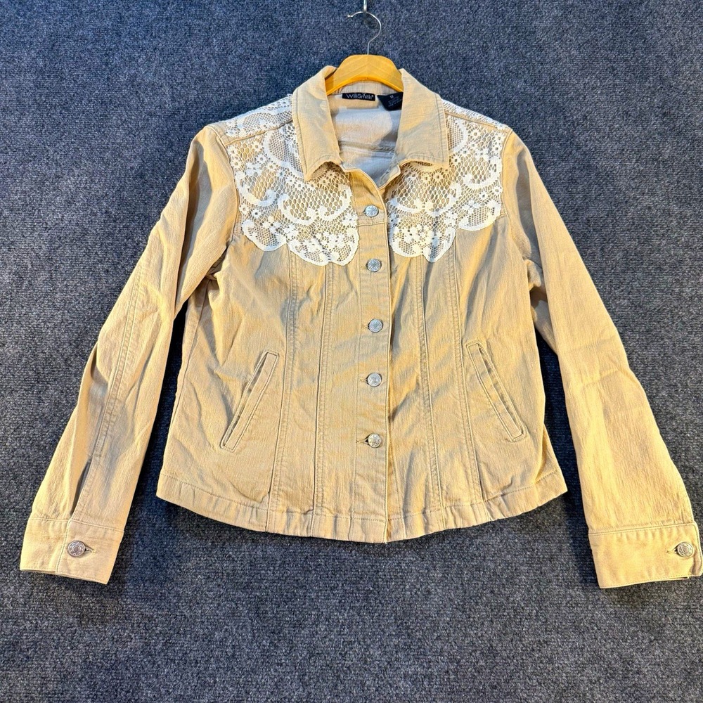Willi Smith Women M Tan Denim Jacket White Lace Yoke Western Boho Stretch